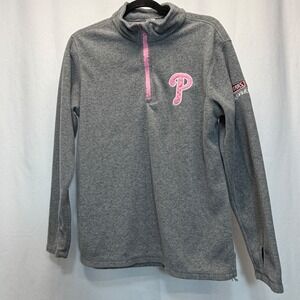Phillies‎ Fleece Pullover Women Small Gray Pink 1/4 Zip Thumbhole